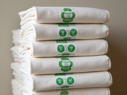 Neatly stacked rolls of eco-friendly fabrics with branded certification tags.